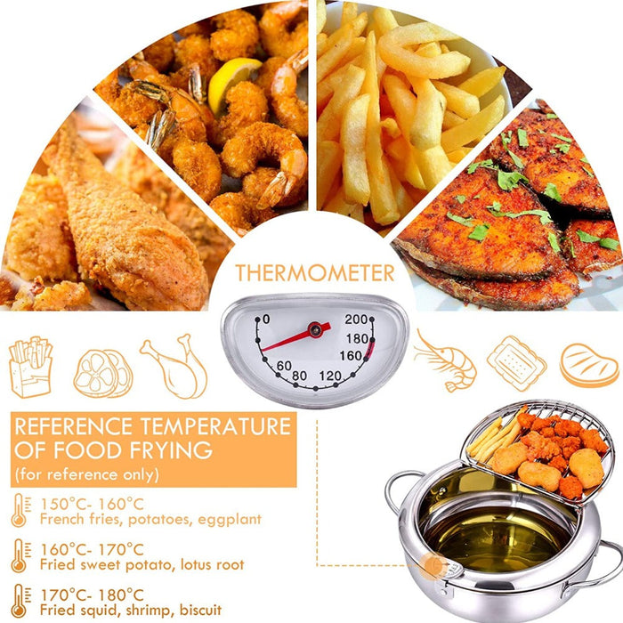 Japanese Cuisine Fryer with Built-in Thermometer: silver, black shrimp tempura, kitchen cookware product photo style