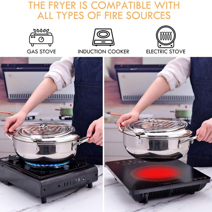 Japanese Cuisine Fryer with Built-in Thermometer: silver, black shrimp tempura, kitchen cookware product photo style