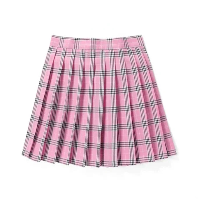 Japanese Inspired Checkered Mini Skirt: pink, black pleated skirt, preppy style