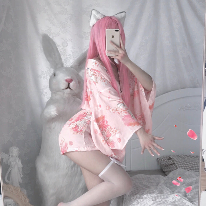 Japanese-inspired Kimono with Floral Pattern: light pink, white kimono-style robe, kawaii style