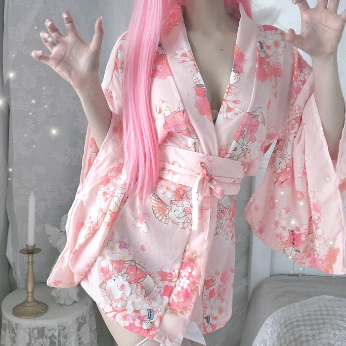Japanese-inspired Kimono with Floral Pattern: light pink, white kimono-style robe, kawaii style