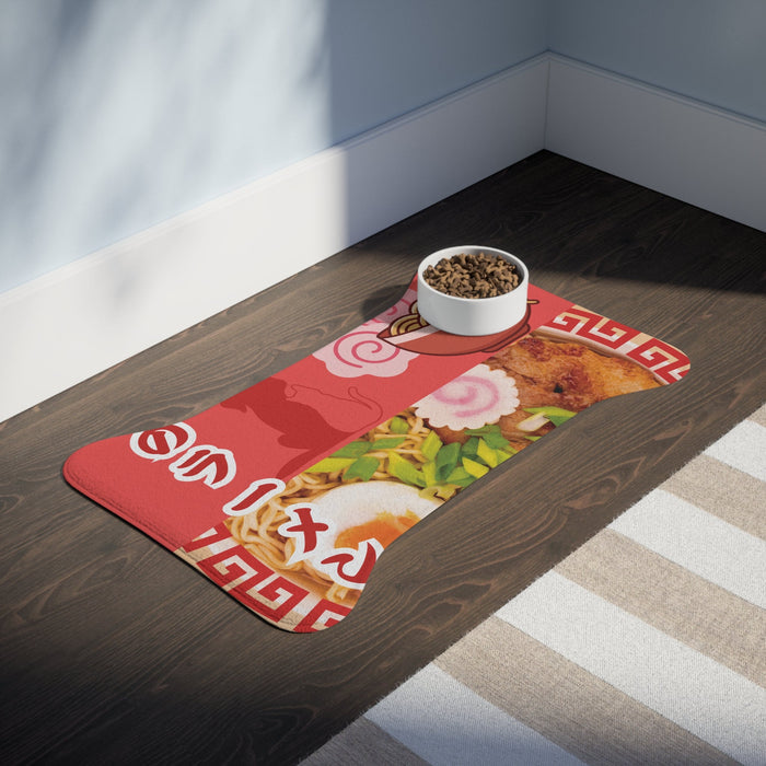Japanese Ramen Pet Mats for Feeding: red, white ramen theme, cute cartoon food-themed style