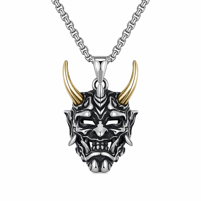 Japanese Spirit Skull Mask Necklace Gold