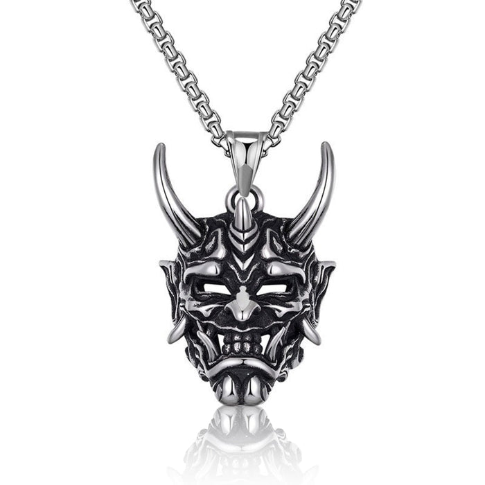 Japanese Spirit Skull Mask Necklace: silver, dark gray horned demon/oni-style mask, gothic, fantasy style