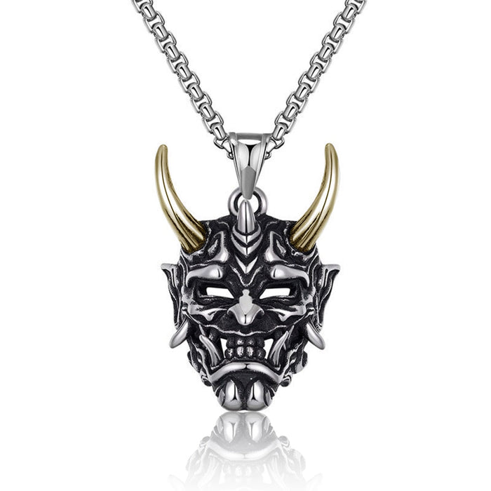 Japanese Spirit Skull Mask Necklace: silver, dark gray horned demon/oni-style mask, gothic, fantasy style