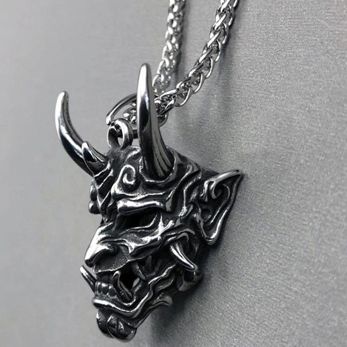 Japanese Spirit Skull Mask Necklace: silver, dark gray horned demon/oni-style mask, gothic, fantasy style