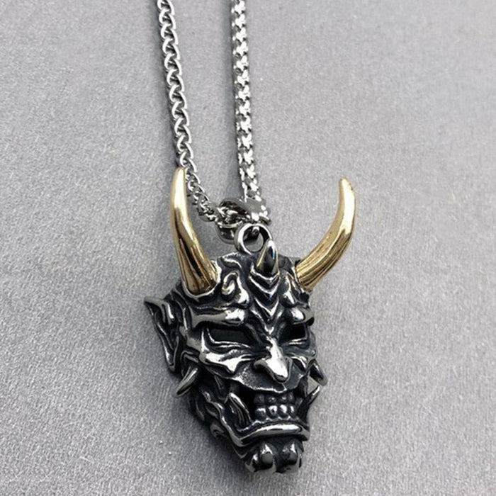 Japanese Spirit Skull Mask Necklace: silver, dark gray horned demon/oni-style mask, gothic, fantasy style