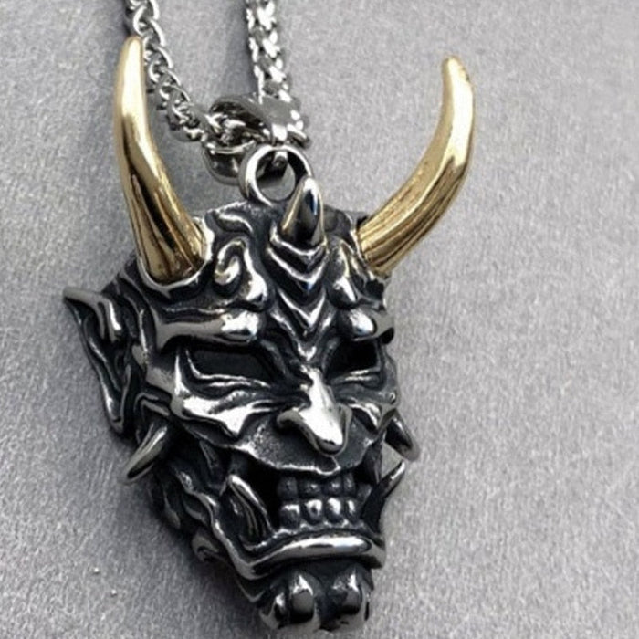 Japanese Spirit Skull Mask Necklace: silver, dark gray horned demon/oni-style mask, gothic, fantasy style