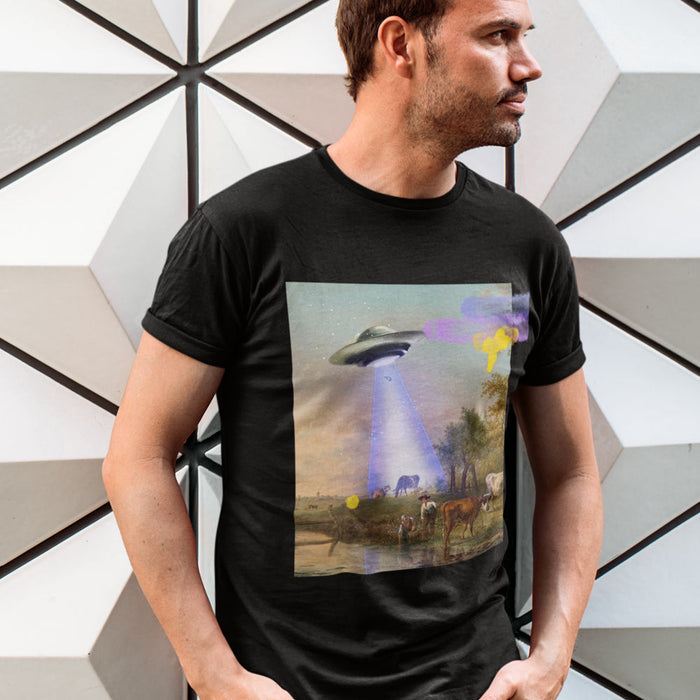 Jersey Short Sleeve Tee featuring Cow being Abducted by UFO: black, gray UFO/alien-themed surreal scene with animals, surreal