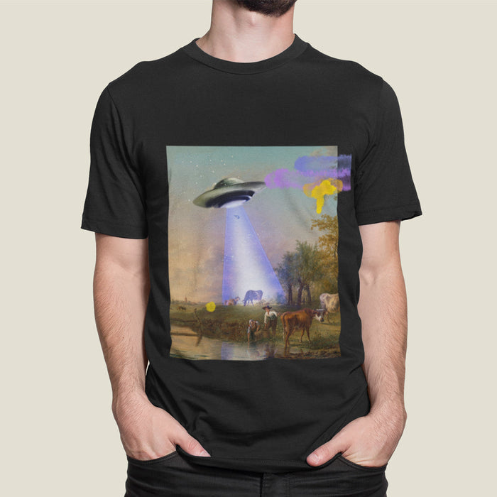 Jersey Short Sleeve Tee featuring Cow being Abducted by UFO: black, gray UFO/alien-themed surreal scene with animals, surreal