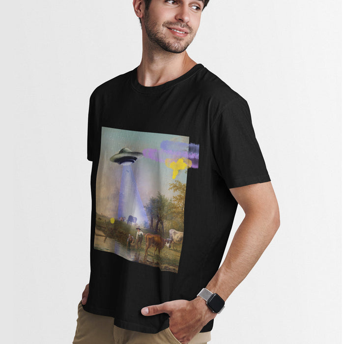 Jersey Short Sleeve Tee featuring Cow being Abducted by UFO: black, gray UFO/alien-themed surreal scene with animals, surreal