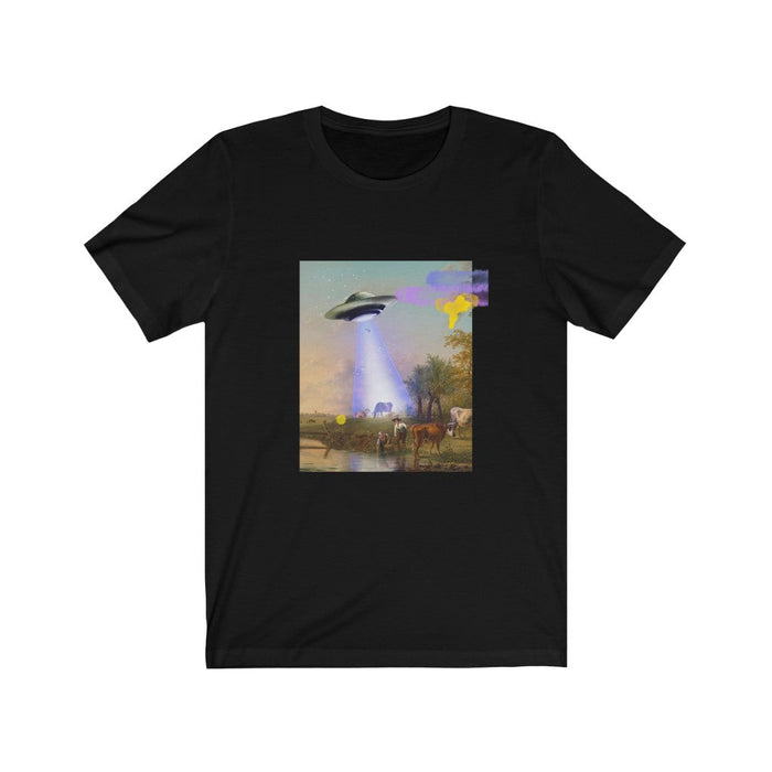 Jersey Short Sleeve Tee featuring Cow being Abducted by UFO: black, gray UFO/alien-themed surreal scene with animals, surreal