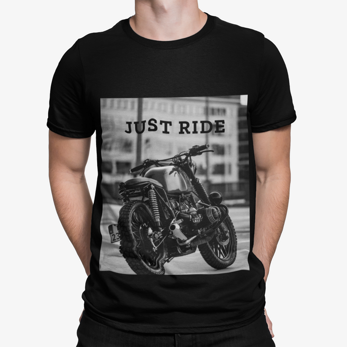 Just Ride Motorcycle Heavy Cotton Tee: black, gray motorcycle, casual graphic style