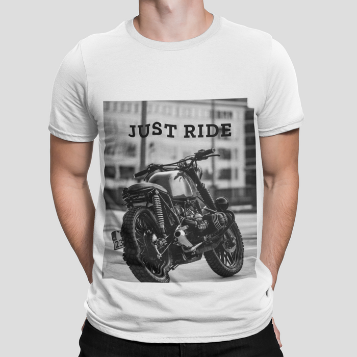 Just Ride Motorcycle Heavy Cotton Tee: black, gray motorcycle, casual graphic style