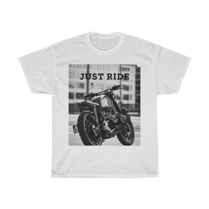 Just Ride Motorcycle Heavy Cotton Tee: black, gray motorcycle, casual graphic style