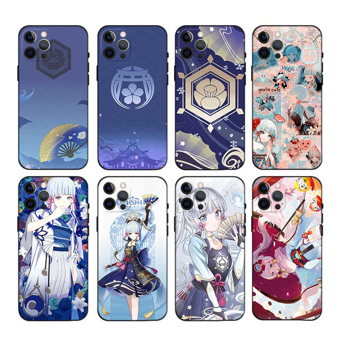 Kamisato Ayaka Genshin Impact Phone Case: navy blue, light blue anime-style characters and decorative motifs, anime, kawaii