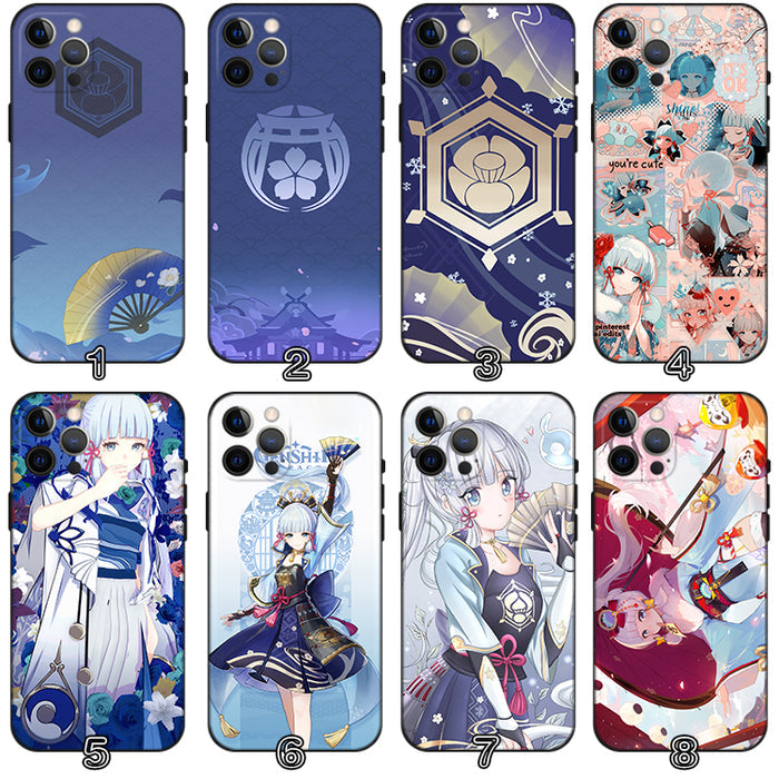 Kamisato Ayaka Genshin Impact Phone Case: navy blue, light blue anime-style characters and decorative motifs, anime, kawaii