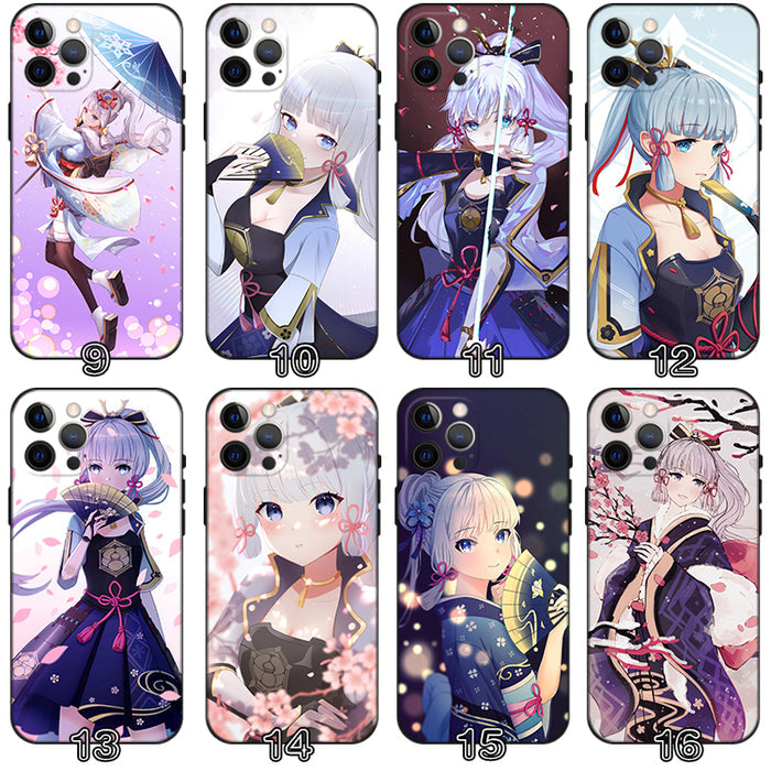 Kamisato Ayaka Genshin Impact Phone Case: navy blue, light blue anime-style characters and decorative motifs, anime, kawaii