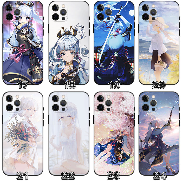 Kamisato Ayaka Genshin Impact Phone Case: navy blue, light blue anime-style characters and decorative motifs, anime, kawaii
