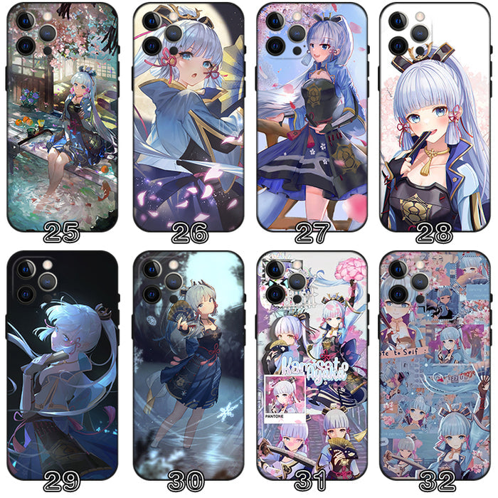 Kamisato Ayaka Genshin Impact Phone Case: navy blue, light blue anime-style characters and decorative motifs, anime, kawaii