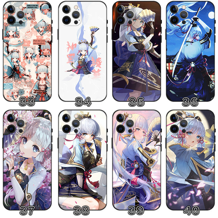 Kamisato Ayaka Genshin Impact Phone Case: navy blue, light blue anime-style characters and decorative motifs, anime, kawaii
