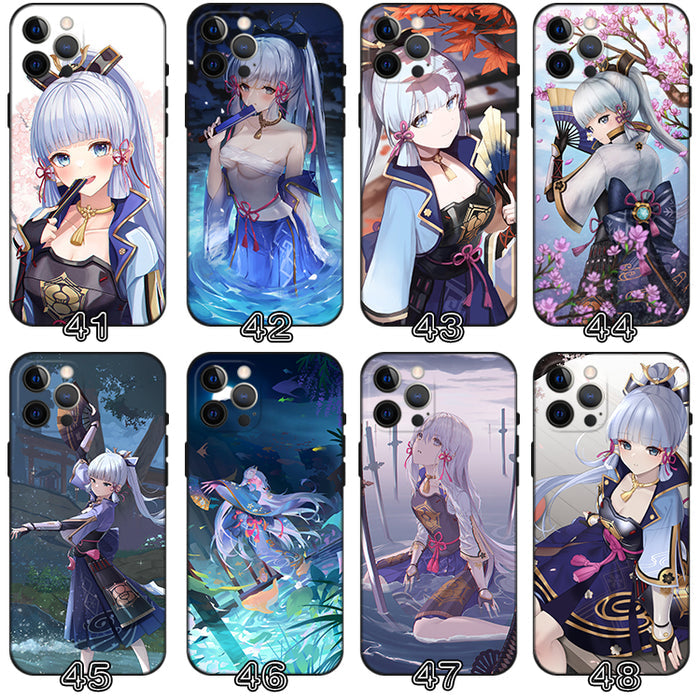 Kamisato Ayaka Genshin Impact Phone Case: navy blue, light blue anime-style characters and decorative motifs, anime, kawaii