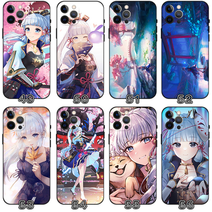 Kamisato Ayaka Genshin Impact Phone Case: navy blue, light blue anime-style characters and decorative motifs, anime, kawaii