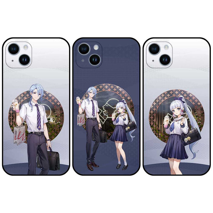 Kamisato Ayato & Ayaka phone case: white, dark navy blue anime-style schoolboy and schoolgirl characters, anime, cartoon styl