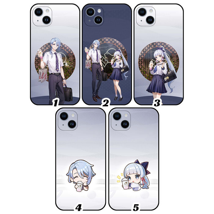 Kamisato Ayato & Ayaka phone case: white, dark navy blue anime-style schoolboy and schoolgirl characters, anime, cartoon styl
