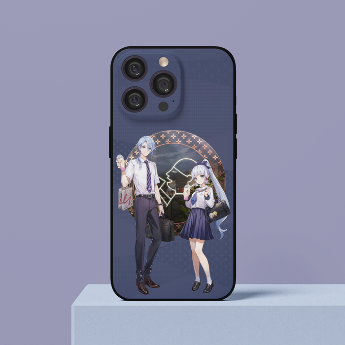 Kamisato Ayato & Ayaka phone case: white, dark navy blue anime-style schoolboy and schoolgirl characters, anime, cartoon styl