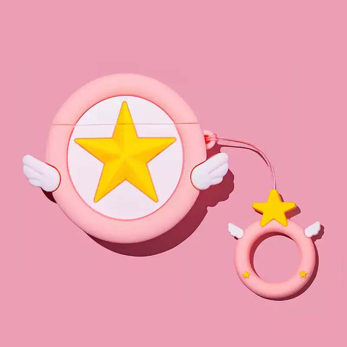 Kawaii AirPods Case with Magical Girl Accessories: pink, yellow winged star emblem, cartoon kawaii style