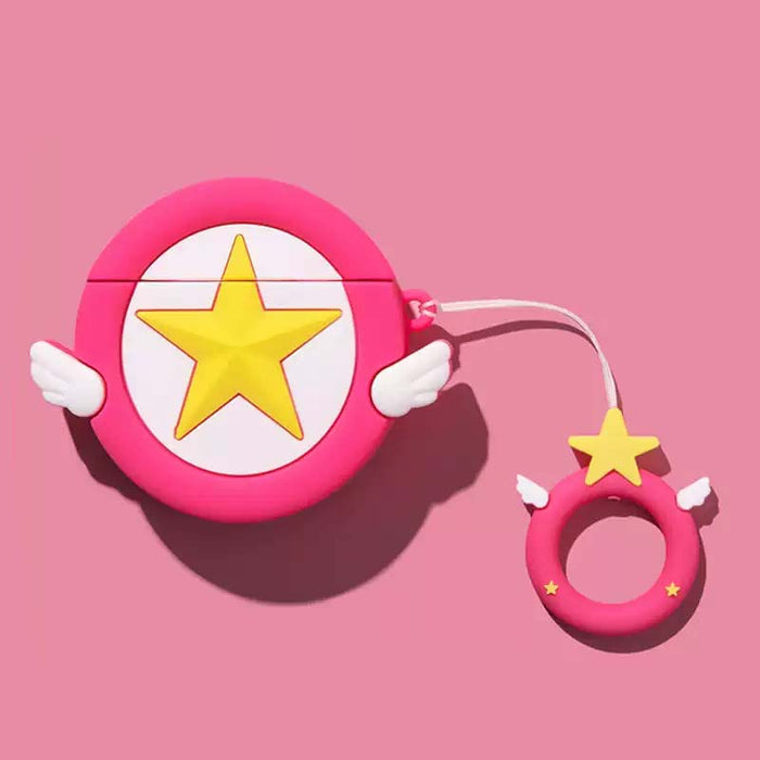 Kawaii AirPods Case with Magical Girl Accessories: pink, yellow winged star emblem, cartoon kawaii style