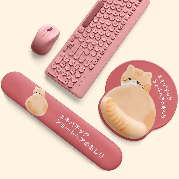 Kawaii Animal Mouse Pad with Wrist Rest: pink, dusty rose orange tabby cat, kawaii cartoon style