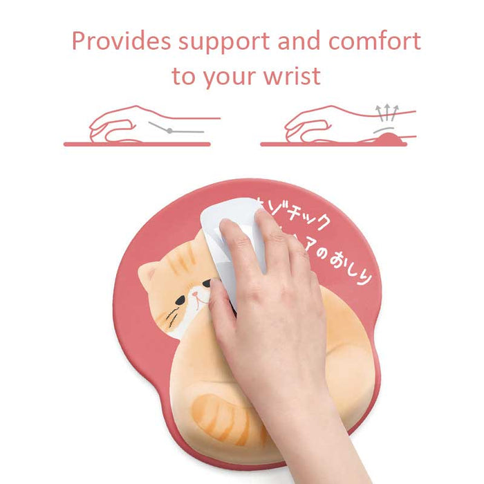 Kawaii Animal Mouse Pad with Wrist Rest: pink, dusty rose orange tabby cat, kawaii cartoon style