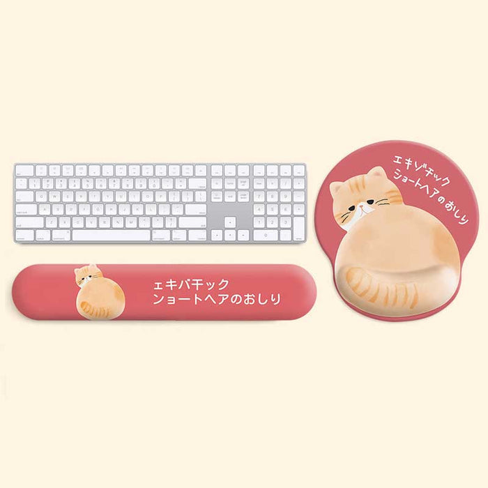 Kawaii Animal Mouse Pad with Wrist Rest: pink, dusty rose orange tabby cat, kawaii cartoon style
