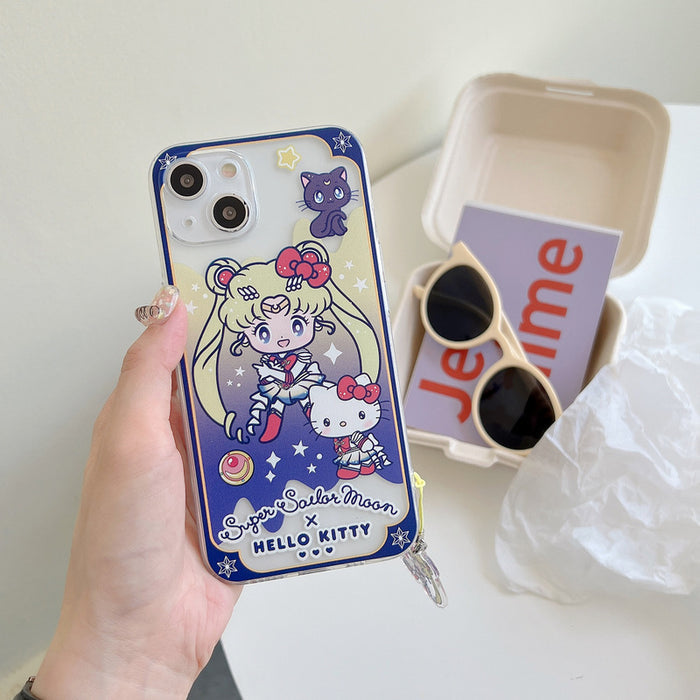 Kawaii Anime iPhone Cases with Charms: clear, blue Sailor Moon and Hello Kitty characters, kawaii cartoon style