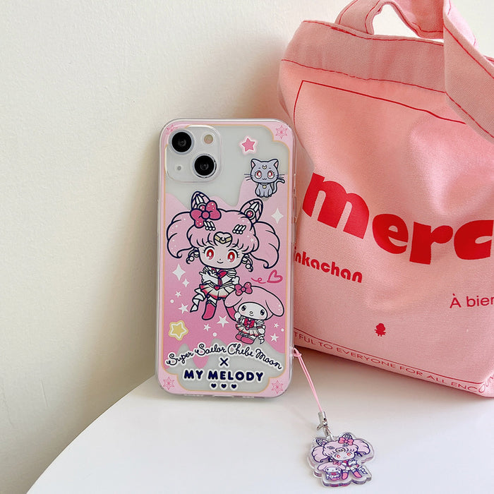 Kawaii Anime iPhone Cases with Charms: clear, blue Sailor Moon and Hello Kitty characters, kawaii cartoon style