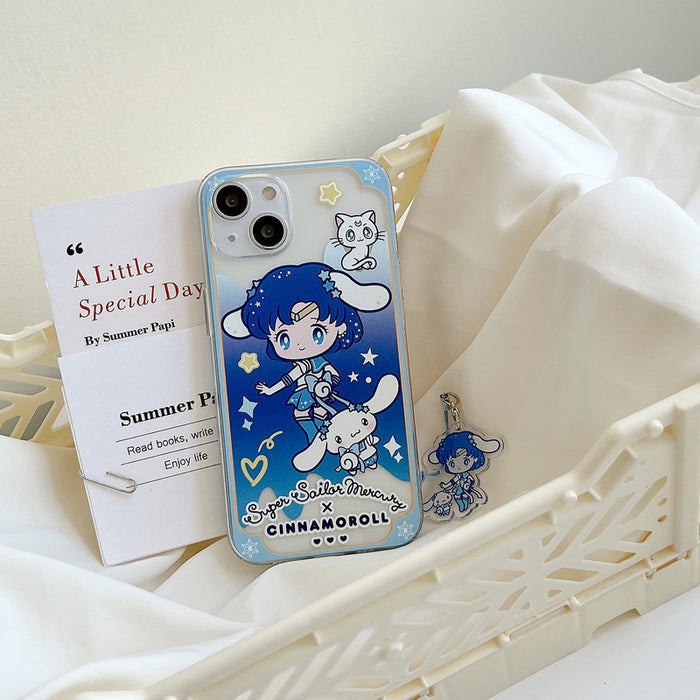 Kawaii Anime iPhone Cases with Charms: clear, blue Sailor Moon and Hello Kitty characters, kawaii cartoon style