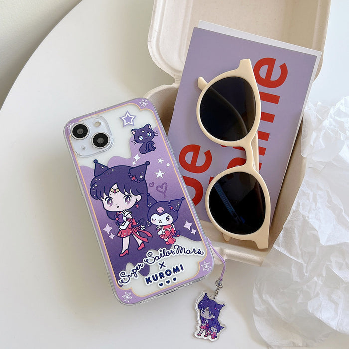 Kawaii Anime iPhone Cases with Charms: clear, blue Sailor Moon and Hello Kitty characters, kawaii cartoon style