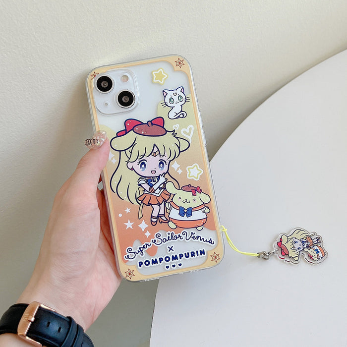 Kawaii Anime iPhone Cases with Charms: clear, blue Sailor Moon and Hello Kitty characters, kawaii cartoon style