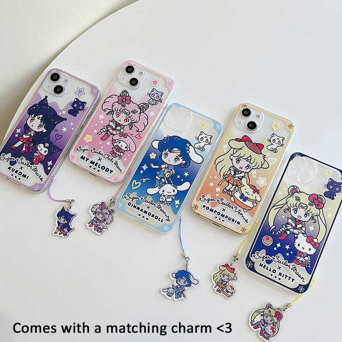 Kawaii Anime iPhone Cases with Charms: clear, blue Sailor Moon and Hello Kitty characters, kawaii cartoon style