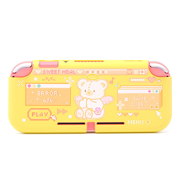 Kawaii Bunny and Bear Switch Lite Case: yellow, pink bear character, kawaii retro video game style