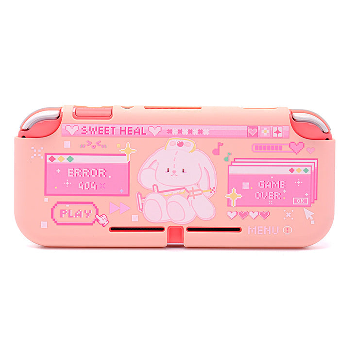 Kawaii Bunny and Bear Switch Lite Case: yellow, pink bear character, kawaii retro video game style