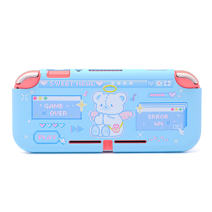 Kawaii Bunny and Bear Switch Lite Case: yellow, pink bear character, kawaii retro video game style