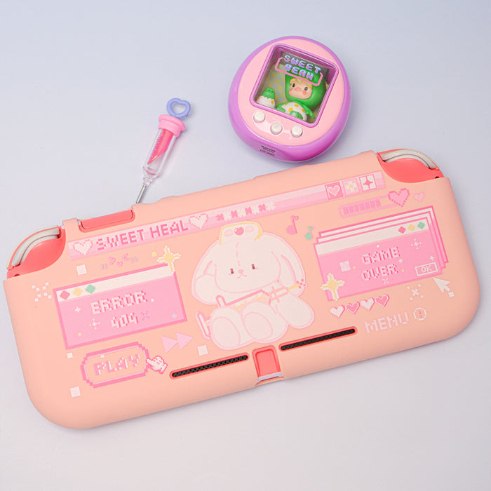 Kawaii Bunny and Bear Switch Lite Case: yellow, pink bear character, kawaii retro video game style