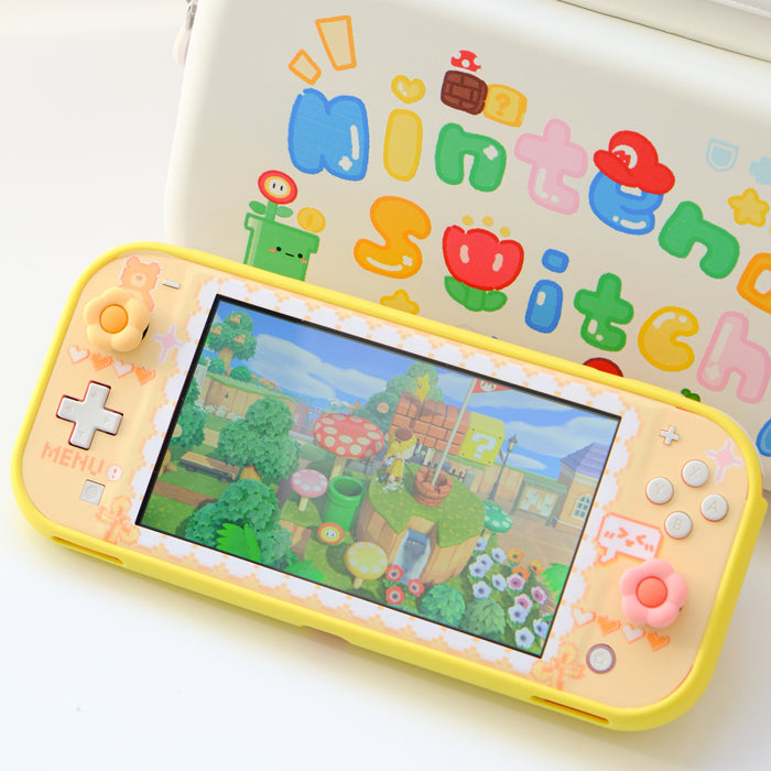 Kawaii Bunny and Bear Switch Lite Case: yellow, pink bear character, kawaii retro video game style