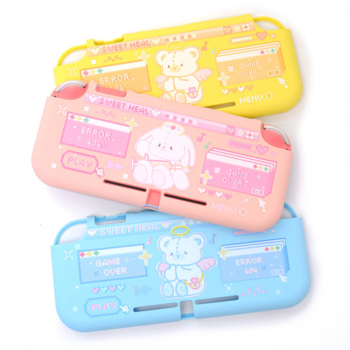 Kawaii Bunny and Bear Switch Lite Case: yellow, pink bear character, kawaii retro video game style