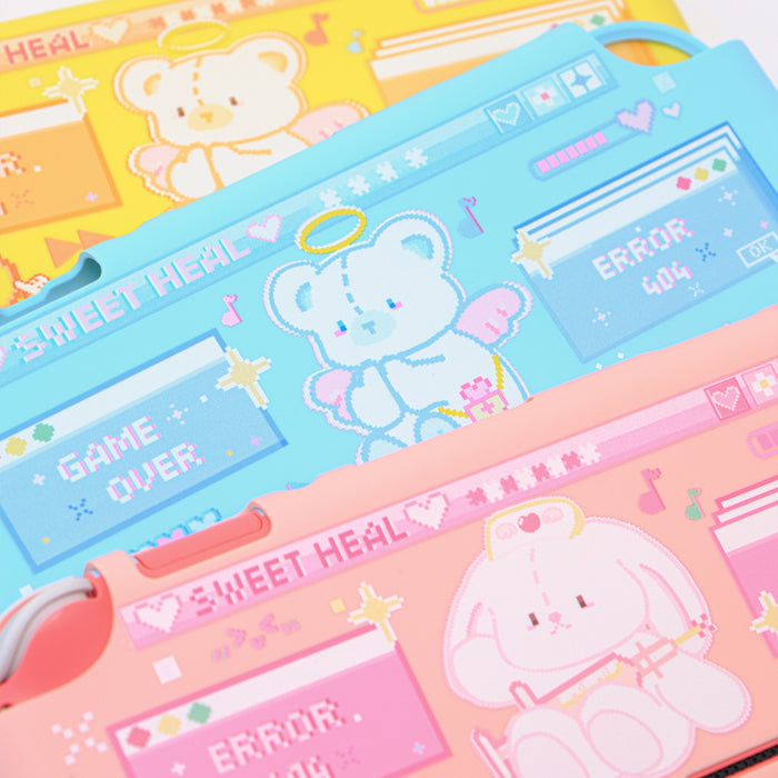 Kawaii Bunny and Bear Switch Lite Case: yellow, pink bear character, kawaii retro video game style