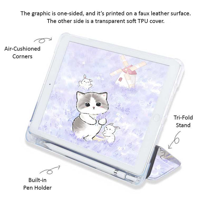 Kawaii Cat & Lavender iPad Case: lavender, light purple cartoon gray-and-white cat with small rabbits and a windmill, kawaii