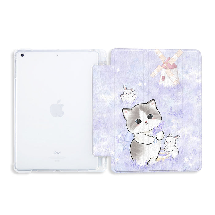 Kawaii Cat & Lavender iPad Case: lavender, light purple cartoon gray-and-white cat with small rabbits and a windmill, kawaii